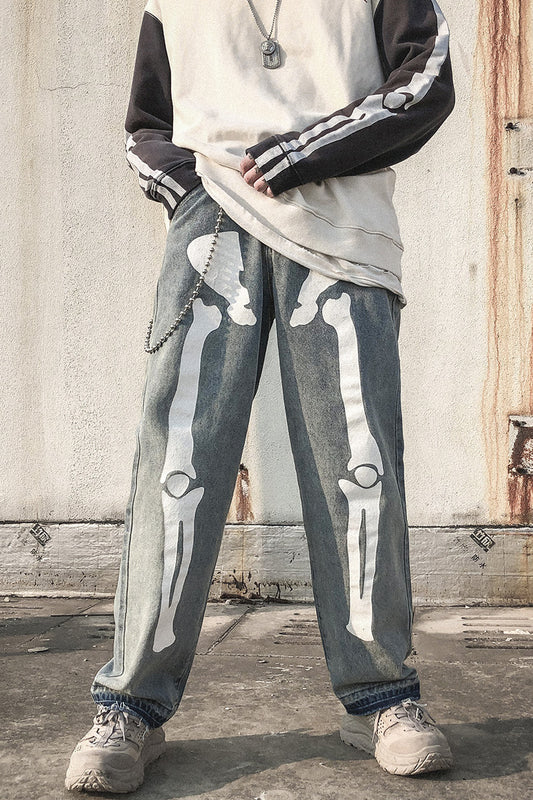 Bone Luminous Printing Loose Straight Wash Denim Trousers