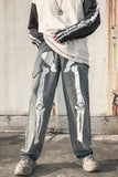 Bone Luminous Printing Loose Straight Wash Denim Trousers