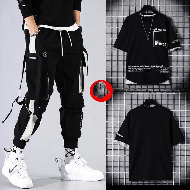 Two-piece Summer Men's Loose Hip-hop Overalls With Hood