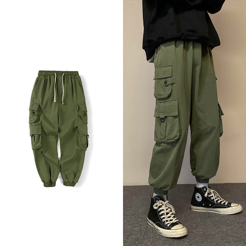 Early Spring Men's Casual Pants Hong Kong Ctyle Loose Big Pocket Tooling Straight Leg Pants Korean Style Trend Wild Handsome Leggings