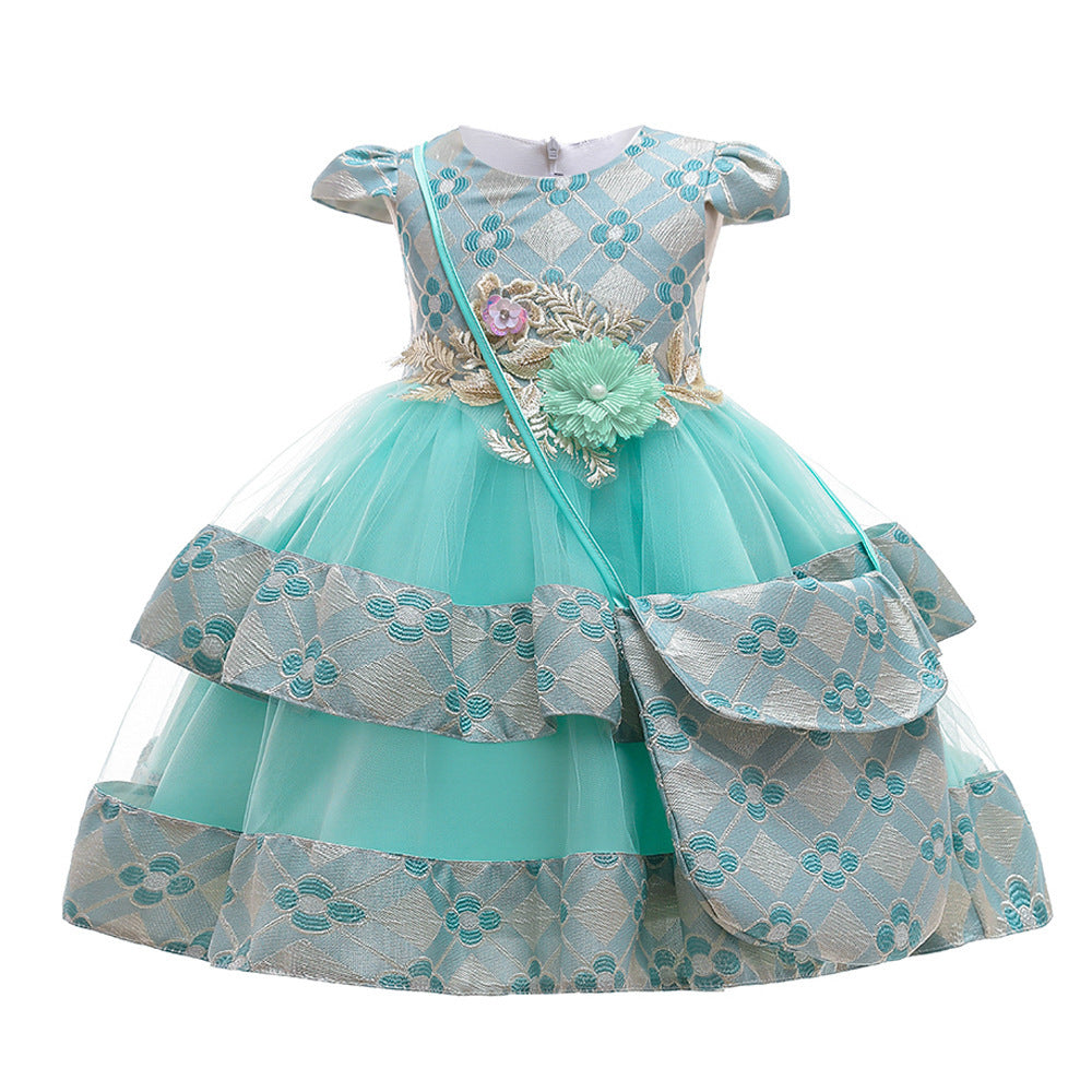 Girls Dress Embroidered Princess Dress Wedding Multi-layer Puffy Dress Costume With Bag