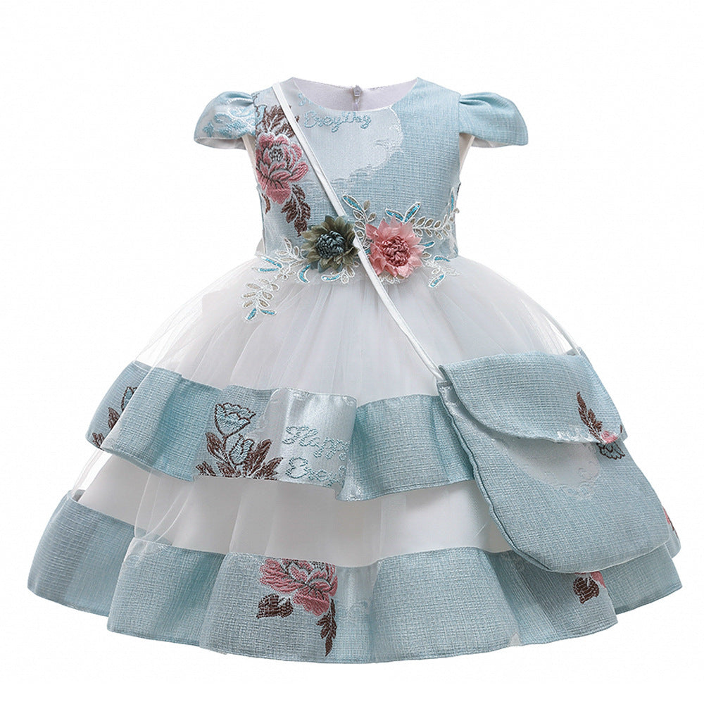 Girls Dress Embroidered Princess Dress Wedding Multi-layer Puffy Dress Costume With Bag