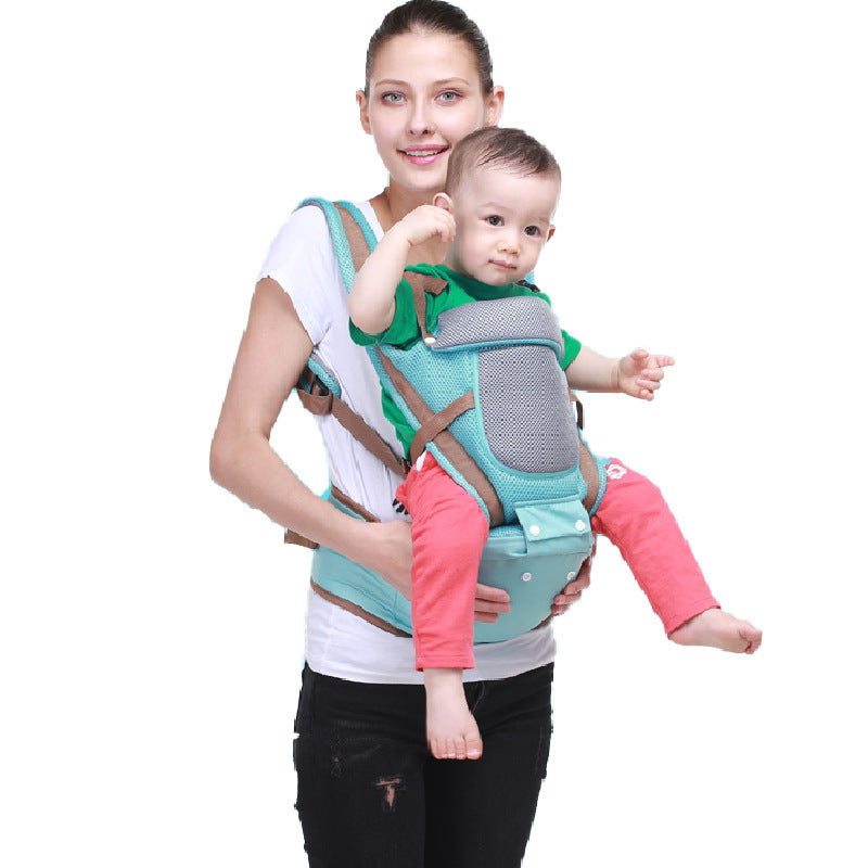 Hugging summer baby holding waist stool strap