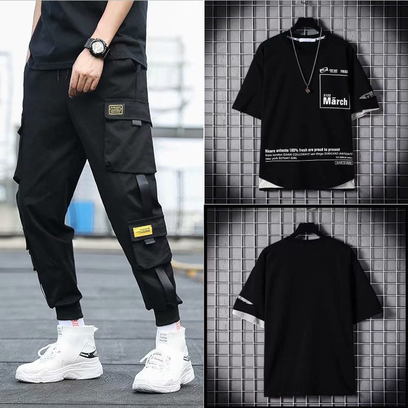 Two-piece Summer Men's Loose Hip-hop Overalls With Hood