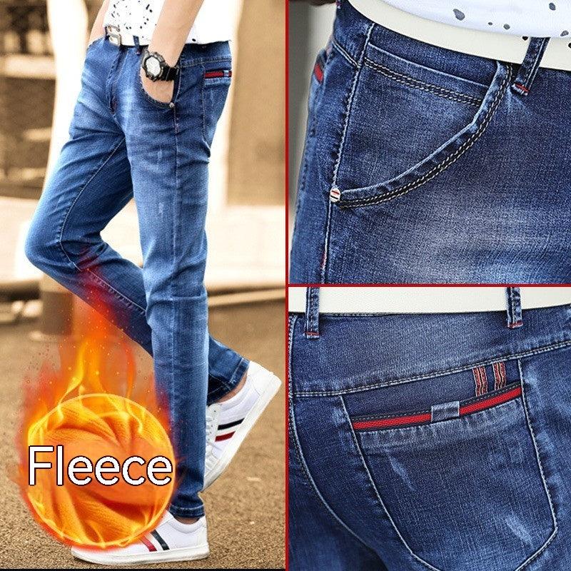 Autumn And Winter Men's Jeans Casual Fleece-lined Thickened Elastic Youth Slim Fit Feet Pants - AL MONI EXPRESS