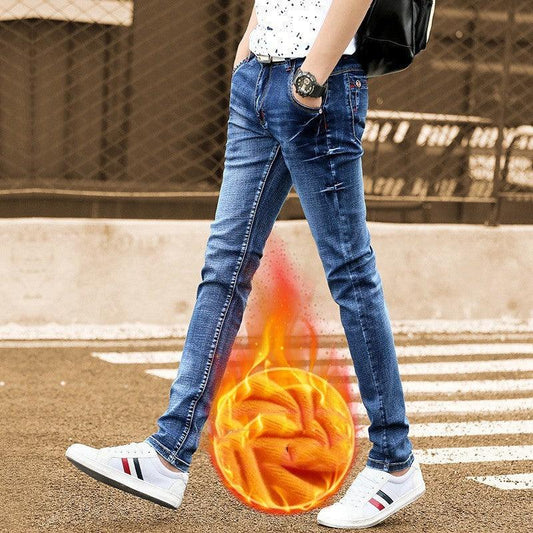 Autumn And Winter Men's Jeans Casual Fleece-lined Thickened Elastic Youth Slim Fit Feet Pants - AL MONI EXPRESS