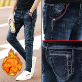 Autumn And Winter Men's Jeans Casual Fleece-lined Thickened Elastic Youth Slim Fit Feet Pants - AL MONI EXPRESS