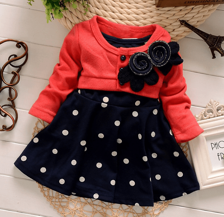 Autumn new children's long-sleeved cartoon wave point children's skirt girls cute print children's clothing Korean casual children's clothing - Almoni Express