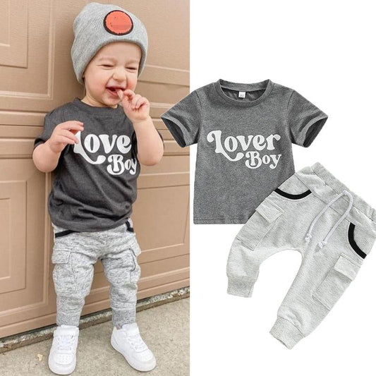 Baby Boy Short Sleeve Monogram Print T-shirt Gray Summer Clothing Set - Almoni Express