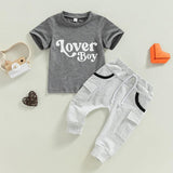 Baby Boy Short Sleeve Monogram Print T-shirt Gray Summer Clothing Set - Almoni Express