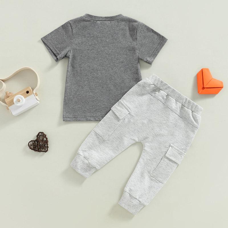 Baby Boy Short Sleeve Monogram Print T-shirt Gray Summer Clothing Set - Almoni Express