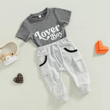 Baby Boy Short Sleeve Monogram Print T-shirt Gray Summer Clothing Set - Almoni Express