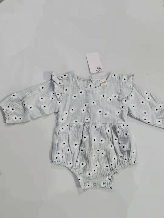 Baby Girl Cotton Grey Floral Print Romper - Almoni Express