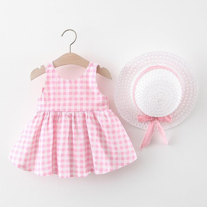 Baby Girl Plaid Skirt Fashion Girl Skirt Free Straw Hat - Almoni Express