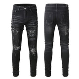 Black Cashew Flower Printed Patch Torn Jeans For Men - AL MONI EXPRESS