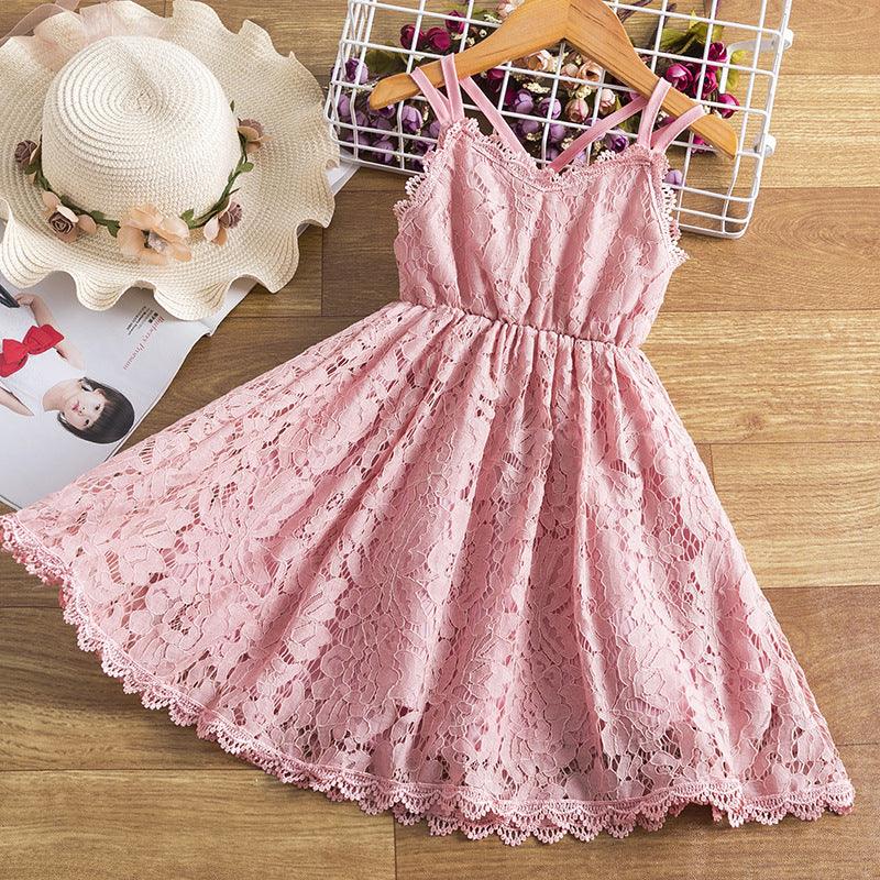 Children's Embroidered Skirt Lace Dress With Suspenders And Beautiful Back - Almoni Express