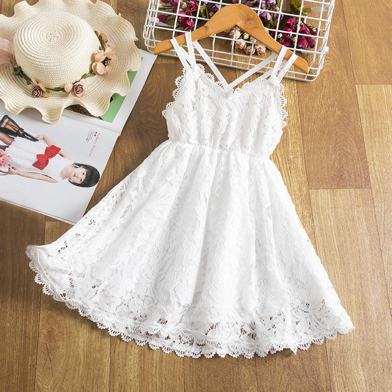 Children's Embroidered Skirt Lace Dress With Suspenders And Beautiful Back - Almoni Express