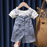 Children\'s Summer Denim Strap Skirt Baby Fashion Short Sleeve Two Piece Set - Almoni Express