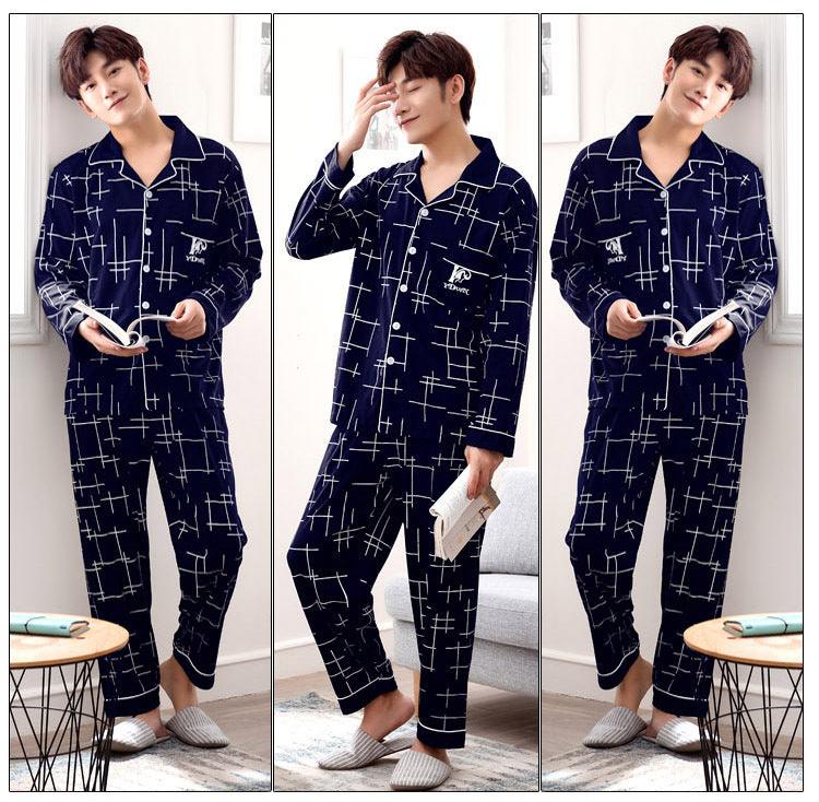 Cotton Pajamas Men's Long Sleeve Plaid Casual Oversize Home Clothes Suit - AL MONI EXPRESS