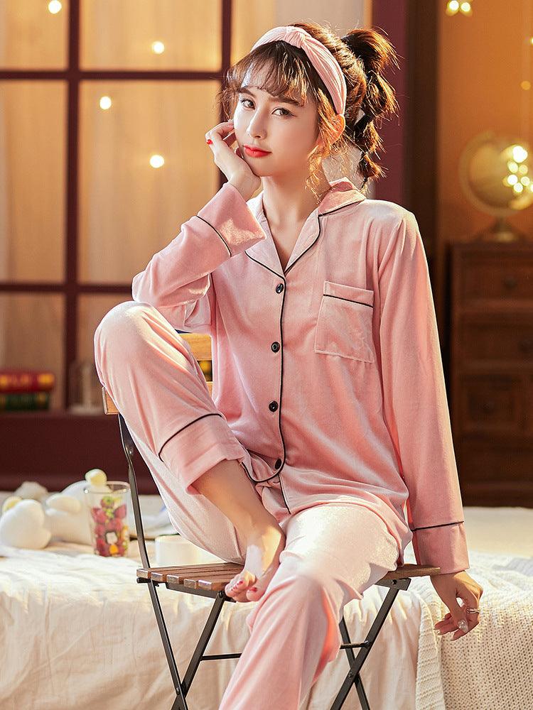 Couple Gold Velvet Long Sleeve Pajamas - Almoni Express