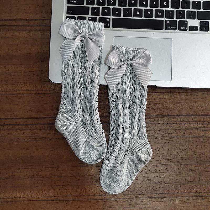 Cute Girls Knee High Socks Bows Cotton Breathable Soft Children Socks Hollow Out Non-slip Newborn Infant Long Socks - Almoni Express