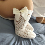 Cute Girls Knee High Socks Bows Cotton Breathable Soft Children Socks Hollow Out Non-slip Newborn Infant Long Socks - Almoni Express