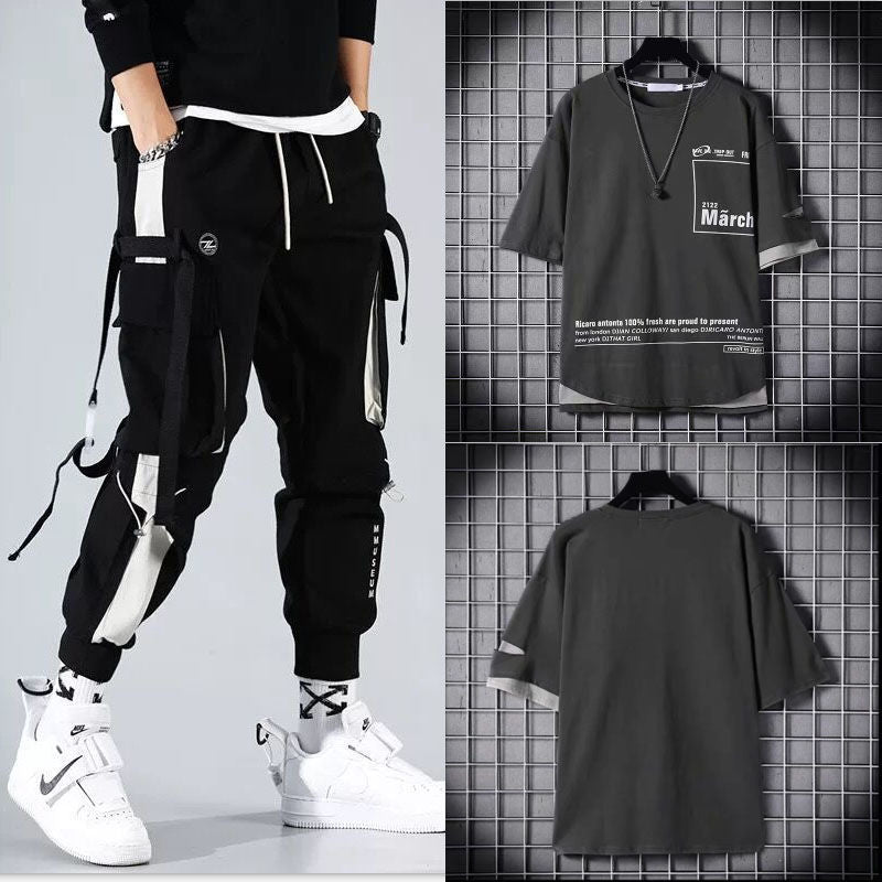 Two-piece Summer Men's Loose Hip-hop Overalls With Hood