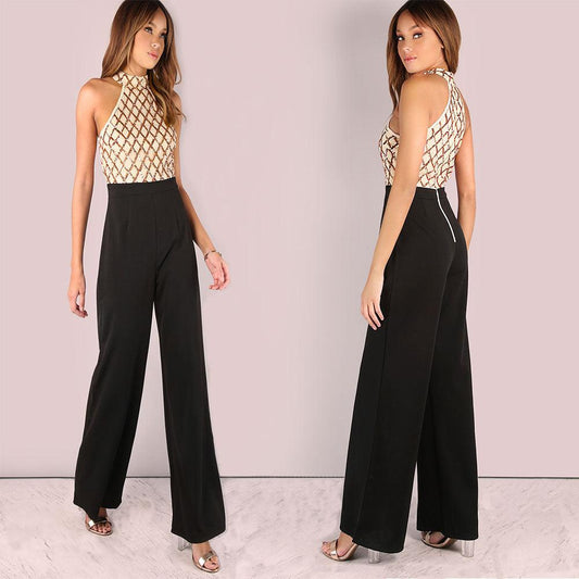 European and American women's sexy jumpsuit hanging neck sequins stitching trumpet jumpsuit trousers - Almoni Express