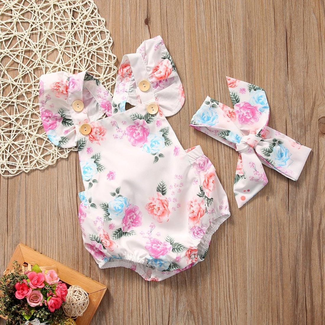 Floral Ruffled Set Infant Casual Trend Cute Little Floral Triangle Dress Two Piece Suit Girl Explosion Climbing Suit - Almoni Express