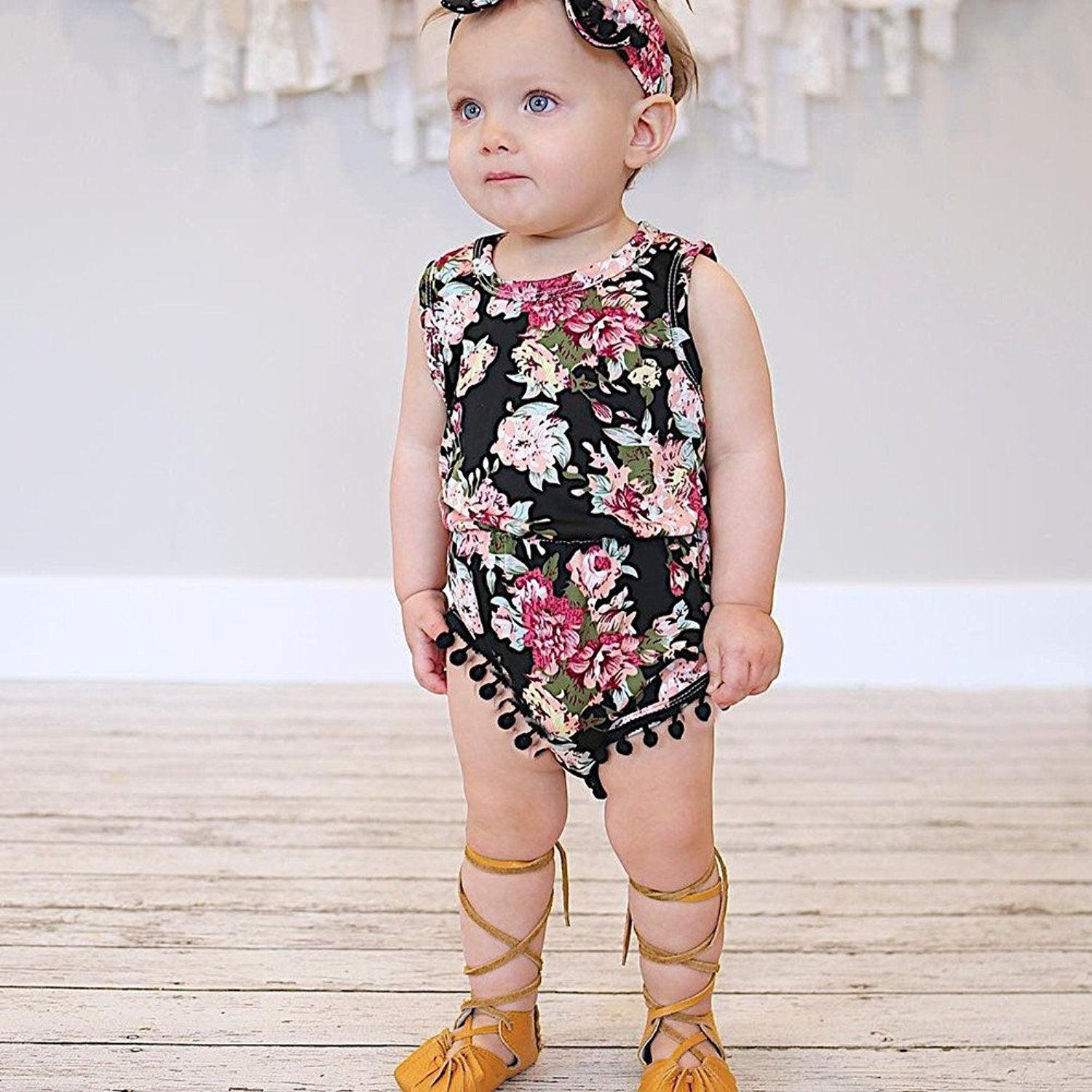 Floral Sunsuit Romper + Headband 2pc set - Almoni Express