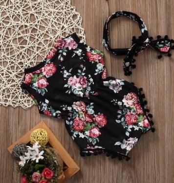 Floral Sunsuit Romper + Headband 2pc set - Almoni Express