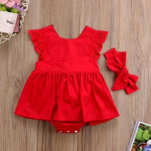 Frilled Red Lace One-Piece Dress For Girls - Almoni Express