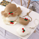 Girl Cherry Straw Hat Bag Set Princess Hat Beach Hat Sun Hat - Almoni Express