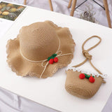 Girl Cherry Straw Hat Bag Set Princess Hat Beach Hat Sun Hat - Almoni Express