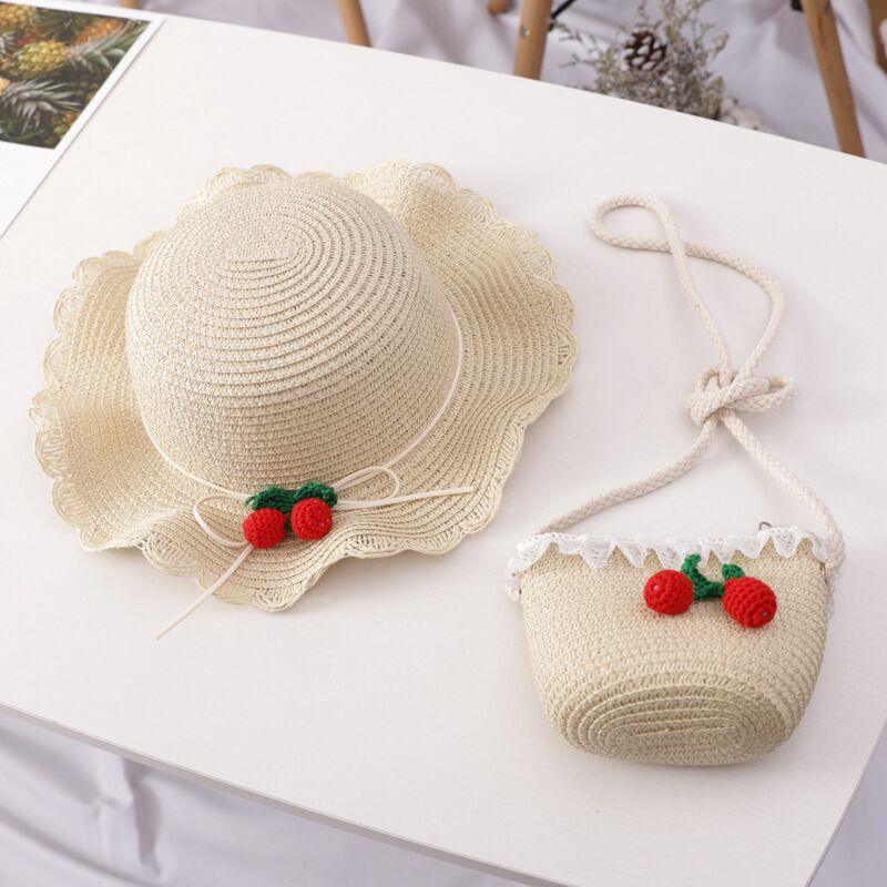 Girl Cherry Straw Hat Bag Set Princess Hat Beach Hat Sun Hat - Almoni Express