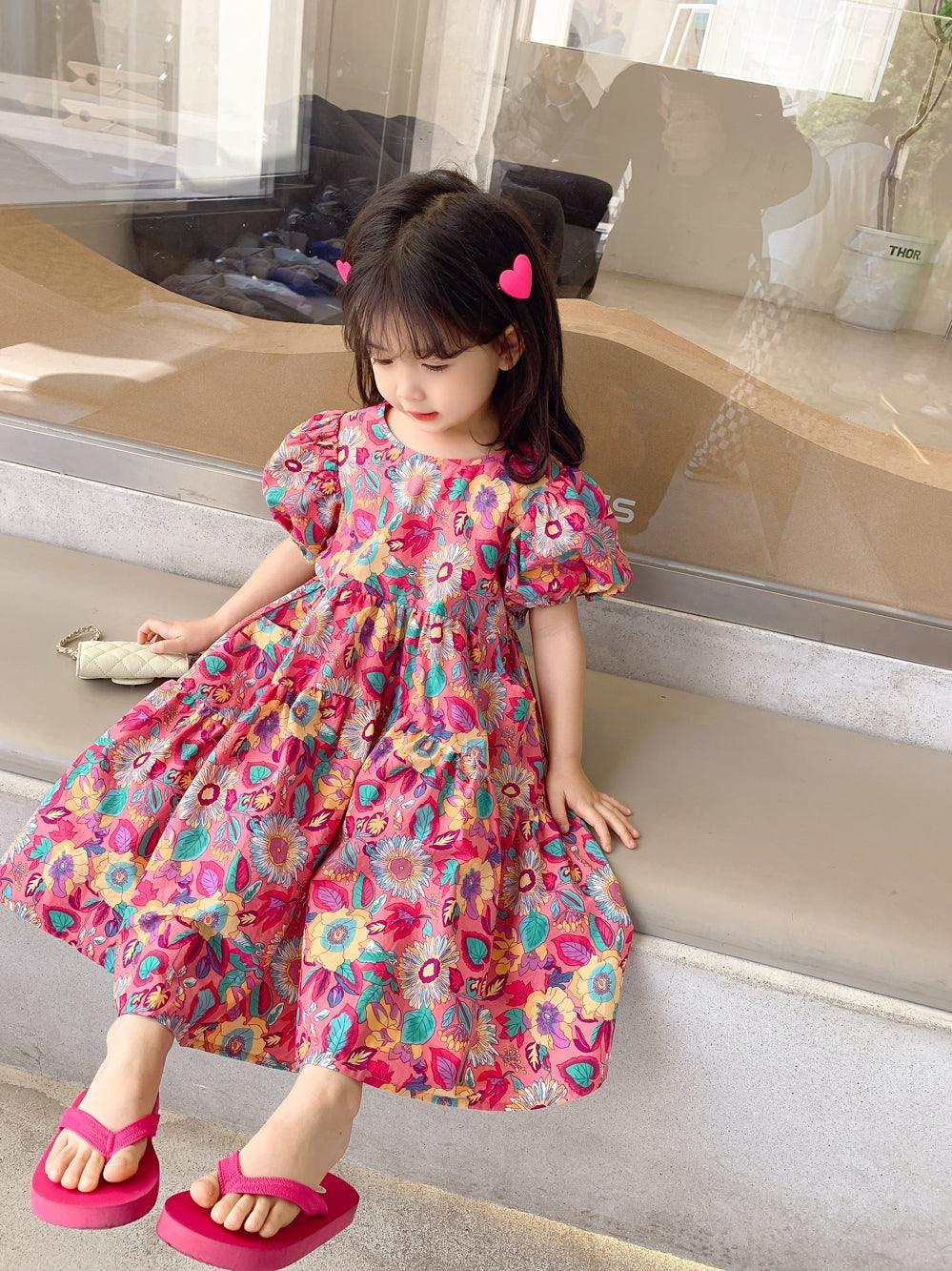 Girls' Floral Dress Short Sleeve Children's Western Style Baby - Almoni Express