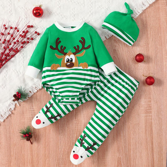 Kids Christmas Elk Striped Hat Set - Almoni Express