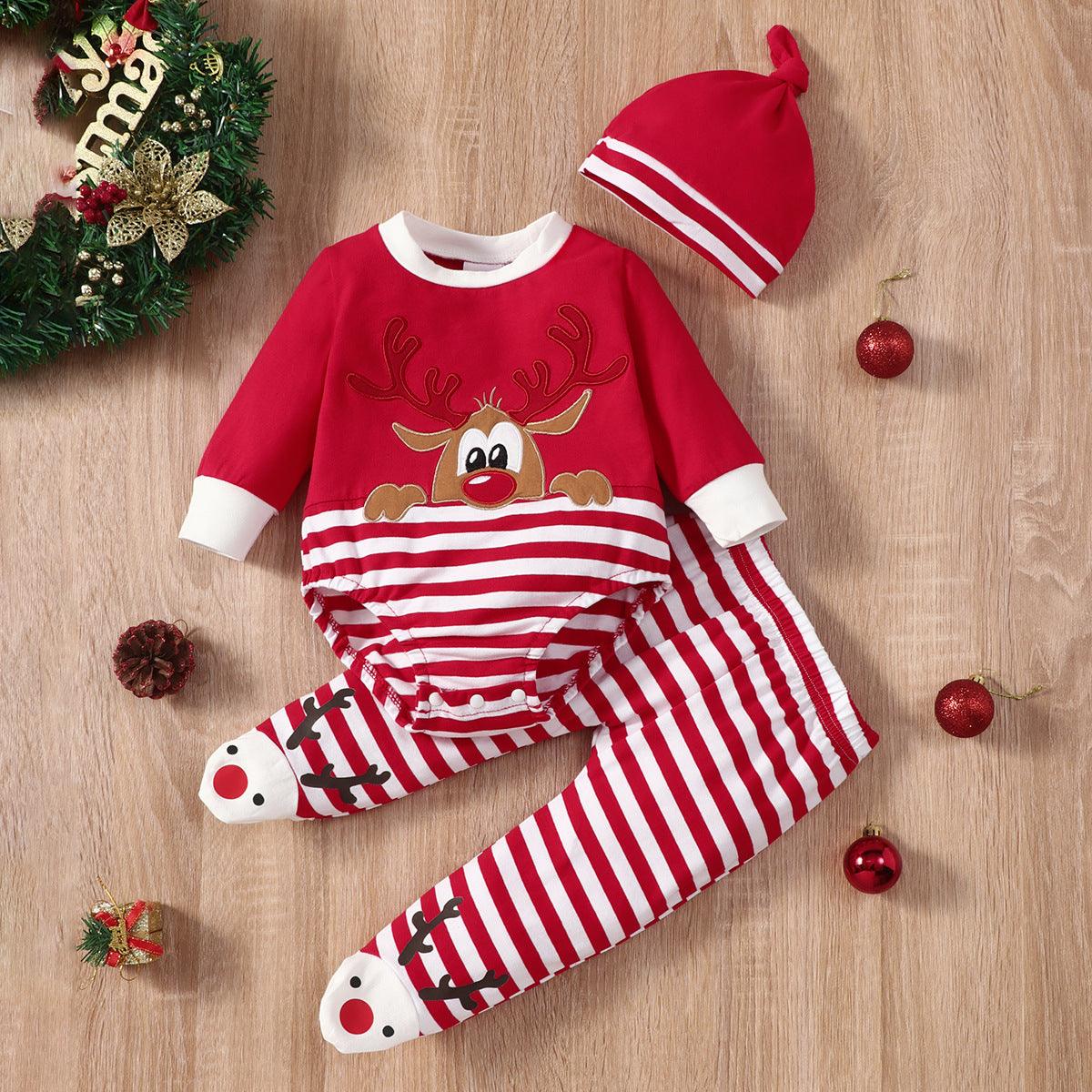 Kids Christmas Elk Striped Hat Set - Almoni Express