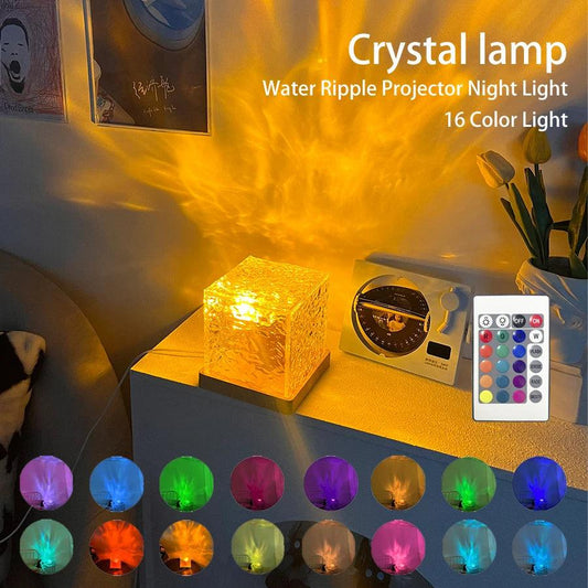 LED Water Ripple Ambient Night Light USB Rotating Projection Crystal Table Lamp RGB Dimmable Home Decoration 16 Color Gifts - Almoni Express