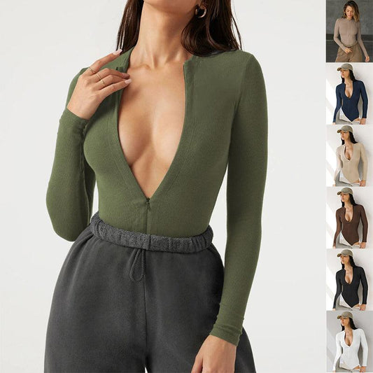 Long Sleeve Zipper Jumpsuit Fashion V-Neck Slim Fit Knitted Corset Body Shaper Clothing For Dress Sports Yoga Romper - AL MONI EXPRESS