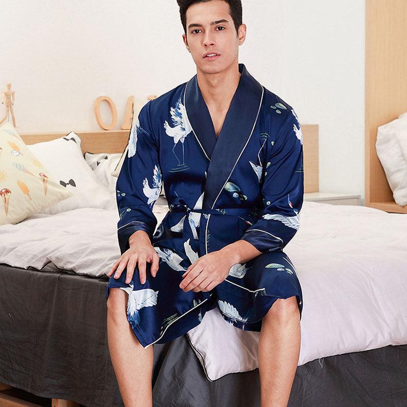 Long-Sleeved Nightgown Men's Bathrobe Silk Homewear - Almoni Express