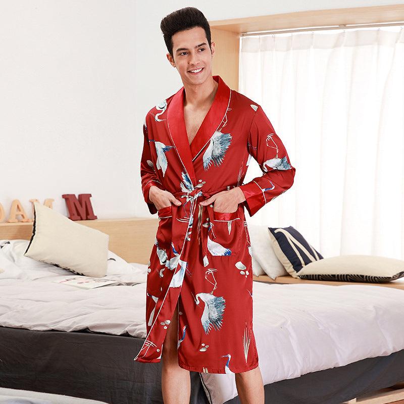 Long-Sleeved Nightgown Men's Bathrobe Silk Homewear - Almoni Express