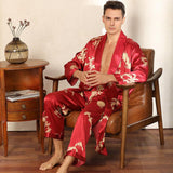 Luxury Silk Robe Pants Pajama Set Two-piece Imitate Silk Long-sleeved Pajamas Large Size Bathrobes Robe Sets For Men Clothing - Almoni Express