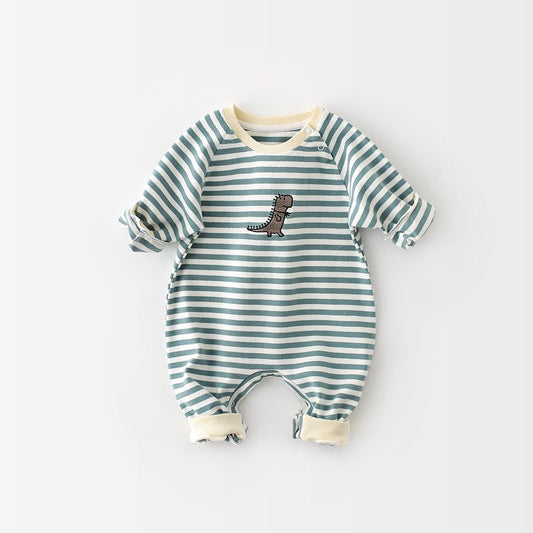 Male And Female Baby Cartoon Striped Dinosaur Embroidery Long-Sleeved Jumpsuit - Almoni Express