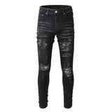 Men's Black Paisley Printed Patch Ripped Jeans - AL MONI EXPRESS