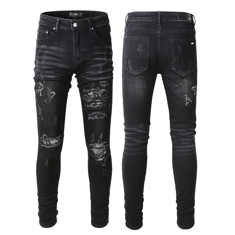 Men's Black Paisley Printed Patch Ripped Jeans - AL MONI EXPRESS