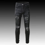 Men's Black Paisley Printed Patch Ripped Jeans - AL MONI EXPRESS