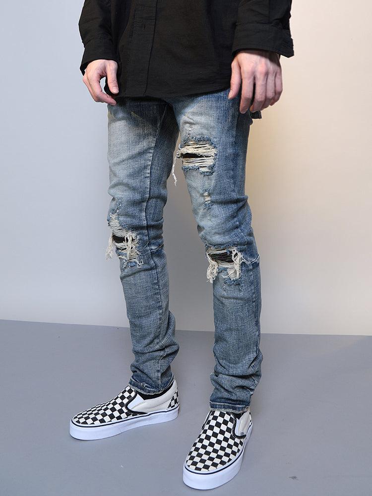 Mens Ripped Washed Blue Denim Jeans - AL MONI EXPRESS