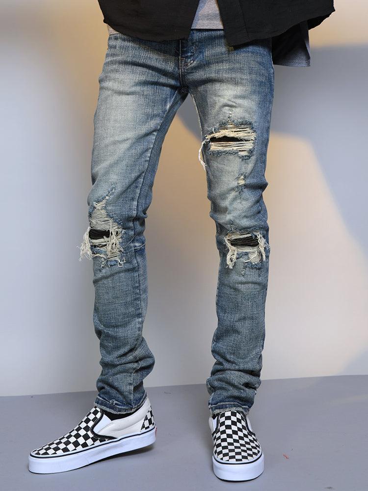 Mens Ripped Washed Blue Denim Jeans - AL MONI EXPRESS