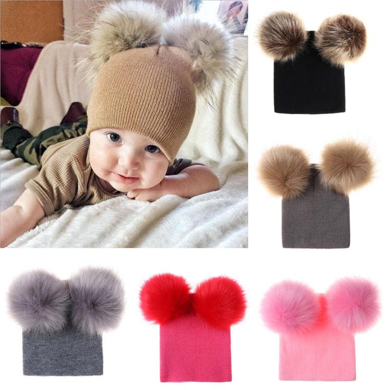 Mikkie Fur Hat Children's Two Ball Knit Hat - Almoni Express